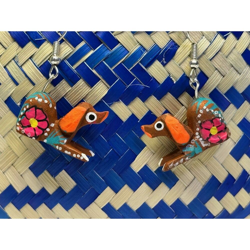 Brown Dachshund Alebrije Earrings Hand Carved Painted Wood Oaxaca Mexican Folk